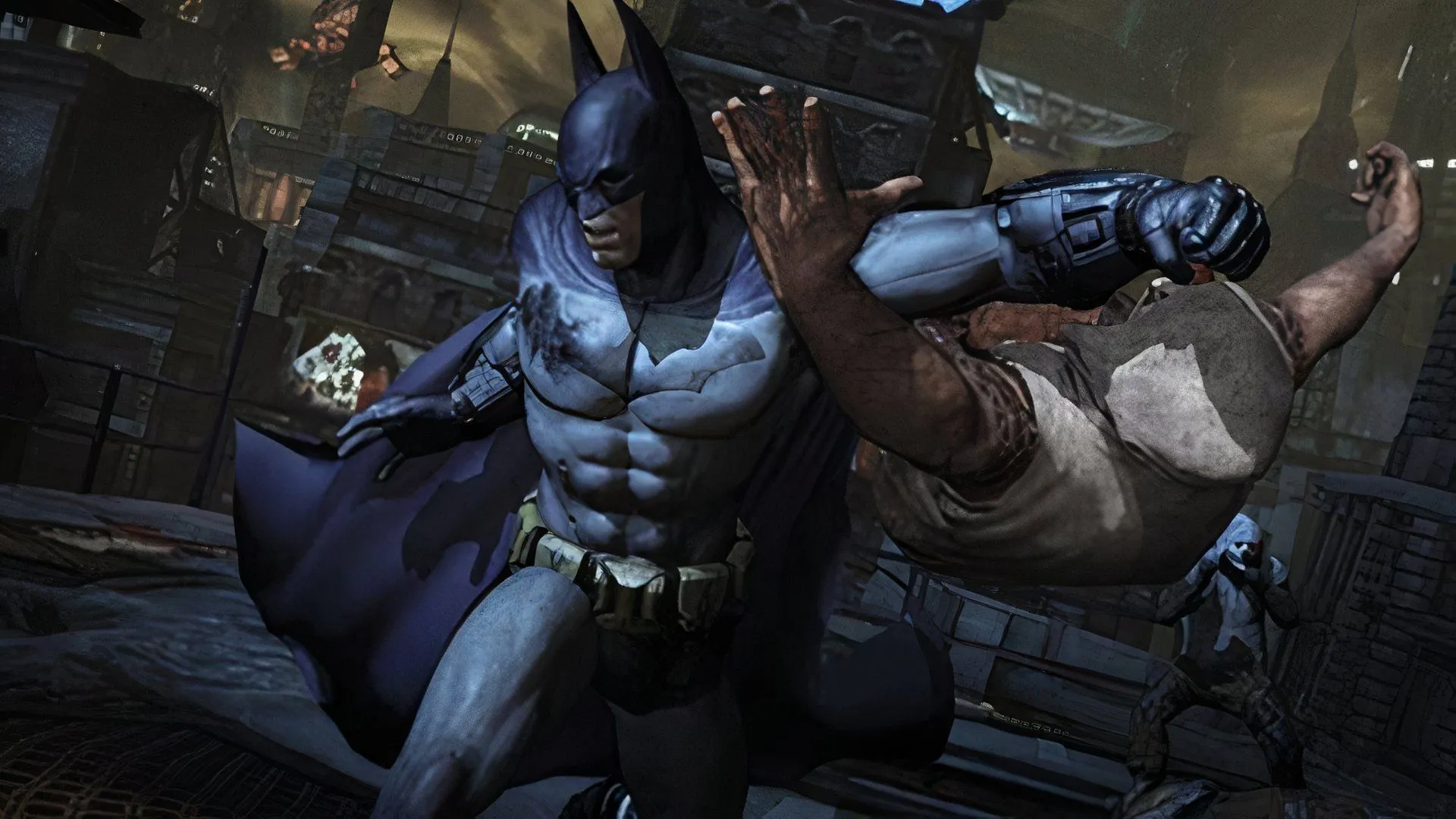 Batman tung cú đấm mạnh mẽ vào kẻ thù, thể hiện kỹ năng chiến đấu trong Batman: Arkham City