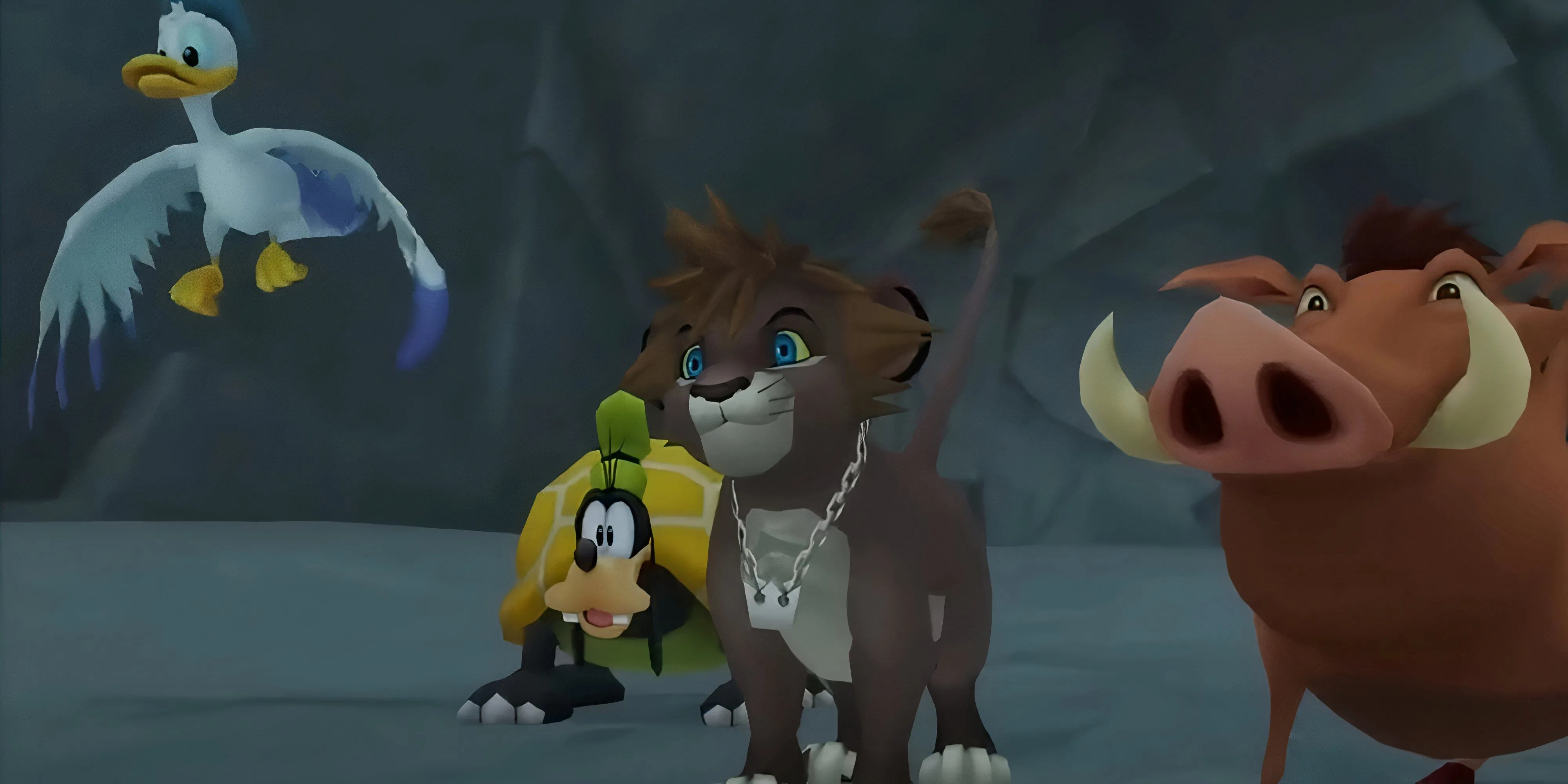 Bộ ba Sora, Donald, Goofy cùng Pumbaa trong một phân cảnh chiến đấu đầy kịch tính của Kingdom Hearts 2, gợi nhắc những cuộc phiêu lưu huyền thoại.