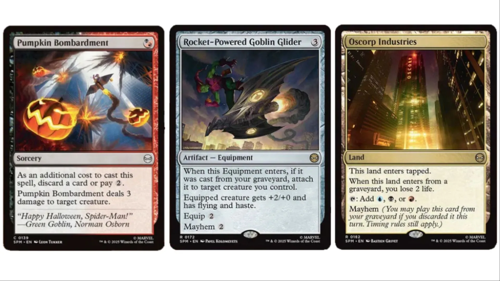 Bộ ba thẻ bài Magic The Gathering Green Goblin: Pumpkin Bombardment, Rocket-Powered Goblin Glider và Oscorp Industries