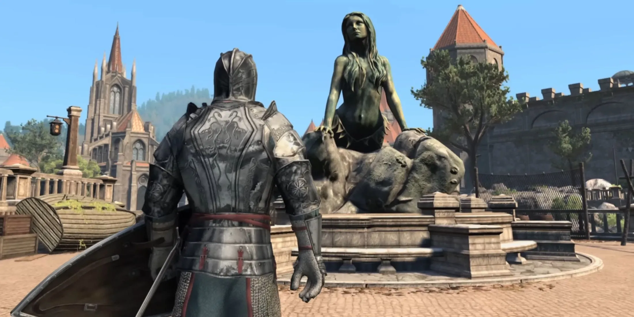 Bức tượng nàng tiên cá cổ kính tại một di tích trong Skyblivion, bản remake The Elder Scrolls IV Oblivion trên nền Skyrim