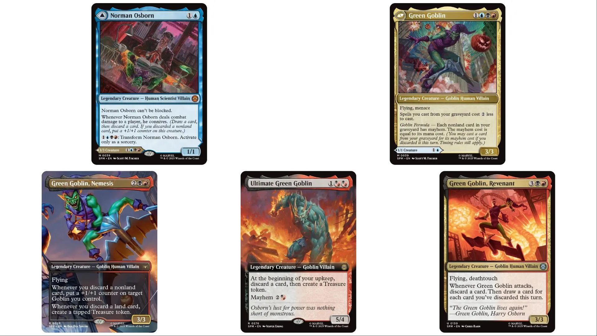 Các phiên bản thẻ bài Green Goblin và Norman Osborn trong Magic The Gathering Spider-Man