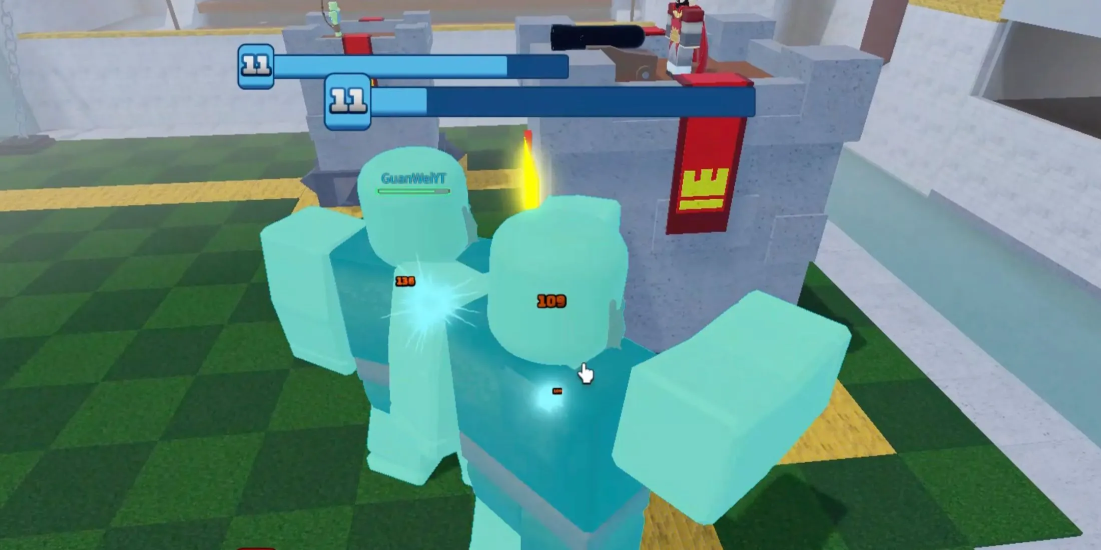 Cảnh gameplay Arena Royale với các đơn vị chiến đấu và pháo đài đang đối đầu trong một trận chiến hoành tráng.