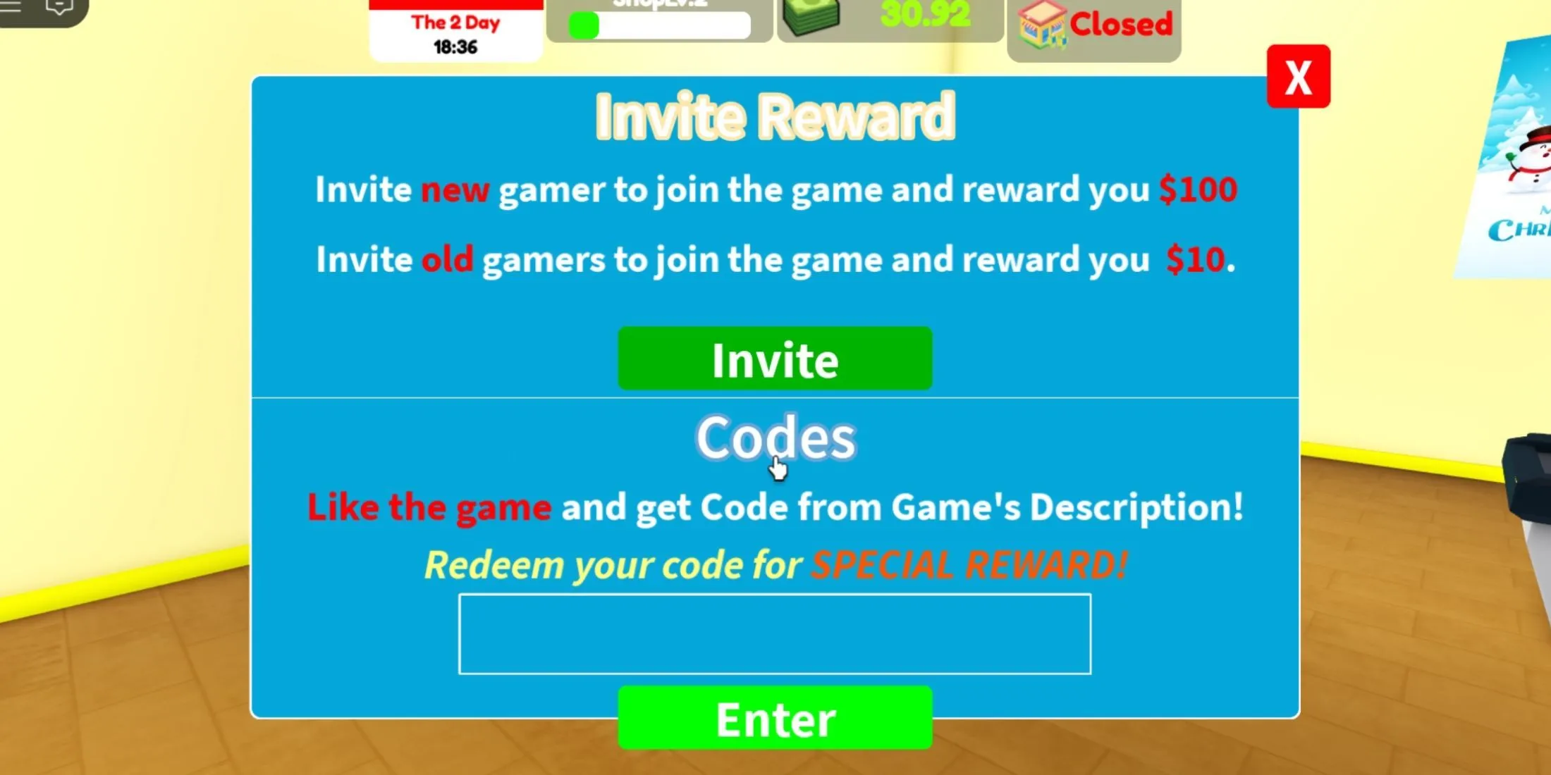 Giao diện nhập code Supermarket Simulator