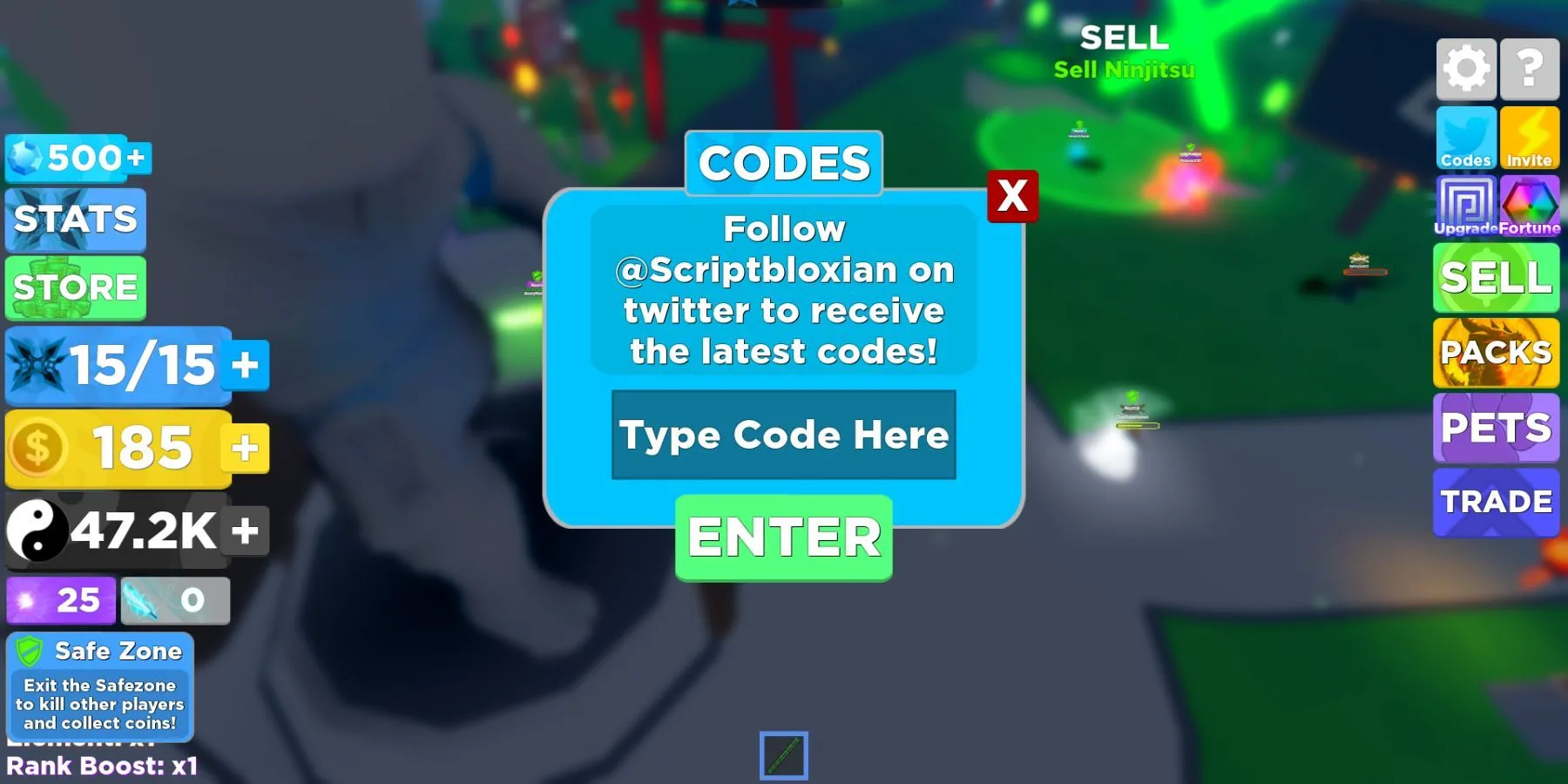 Giao diện nhập code trong Roblox Ninja Legends
