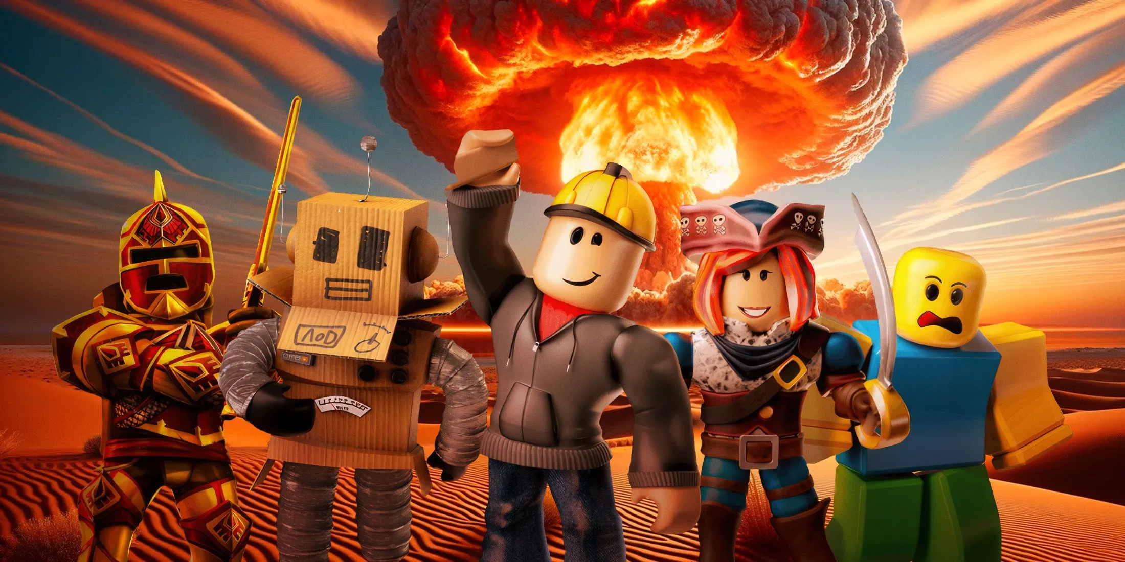 Hình ảnh các nhân vật Roblox trong bối cảnh hỗn loạn, tượng trưng cho làn sóng phản đối và kiến nghị chống lại CEO Roblox