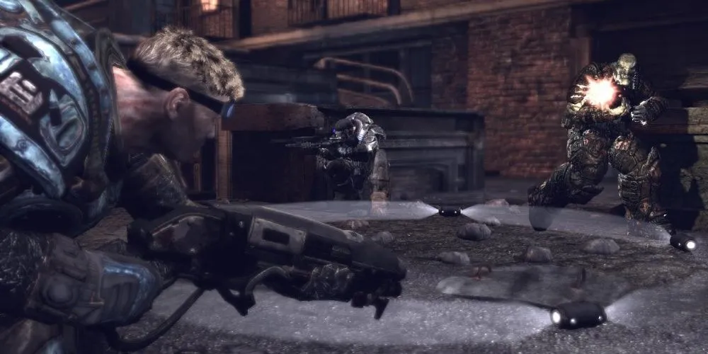 Hình ảnh cận cảnh khẩu shotgun Gnasher trong Gears of War Reloaded với thiết kế mạnh mẽ