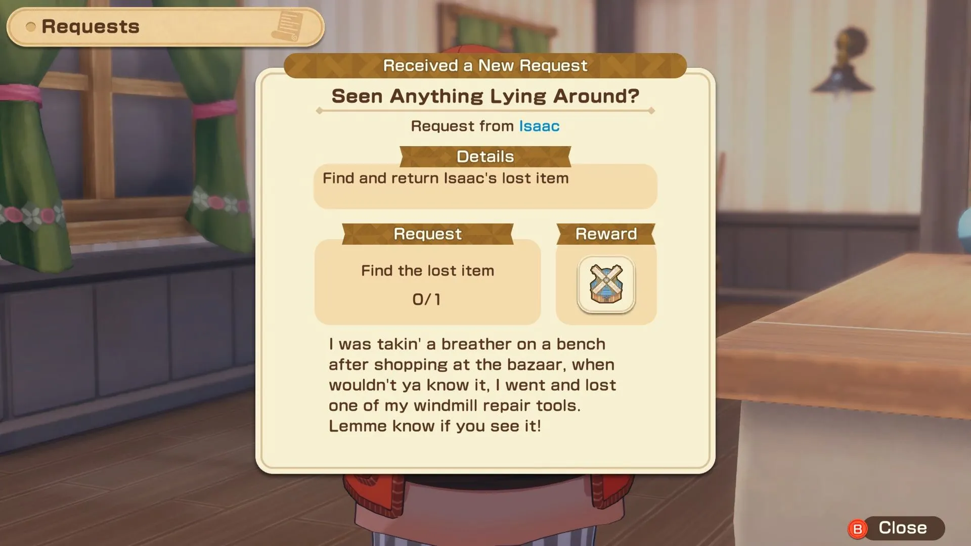 Isaac đứng trước nhà, biểu tượng nhiệm vụ Seen Anything Lying Around? đang chờ game thủ kích hoạt trong Story of Seasons: Grand Bazaar