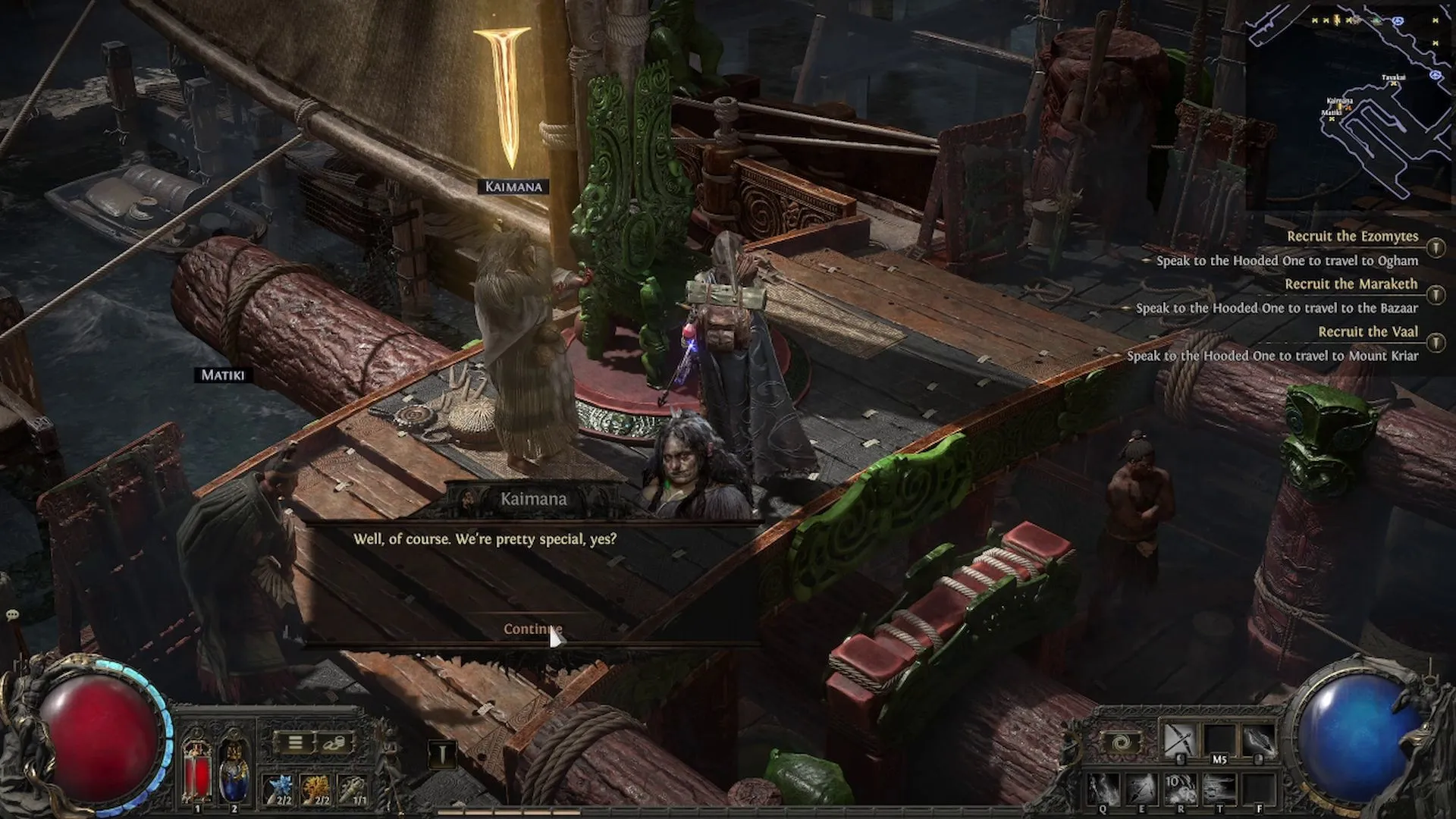 Kaimana đứng cạnh cột buồm chính trên con tàu Karui ở Kingsmarch, Act 4 của Path of Exile 2, chờ đợi Vây Cá Mập từ bạn.