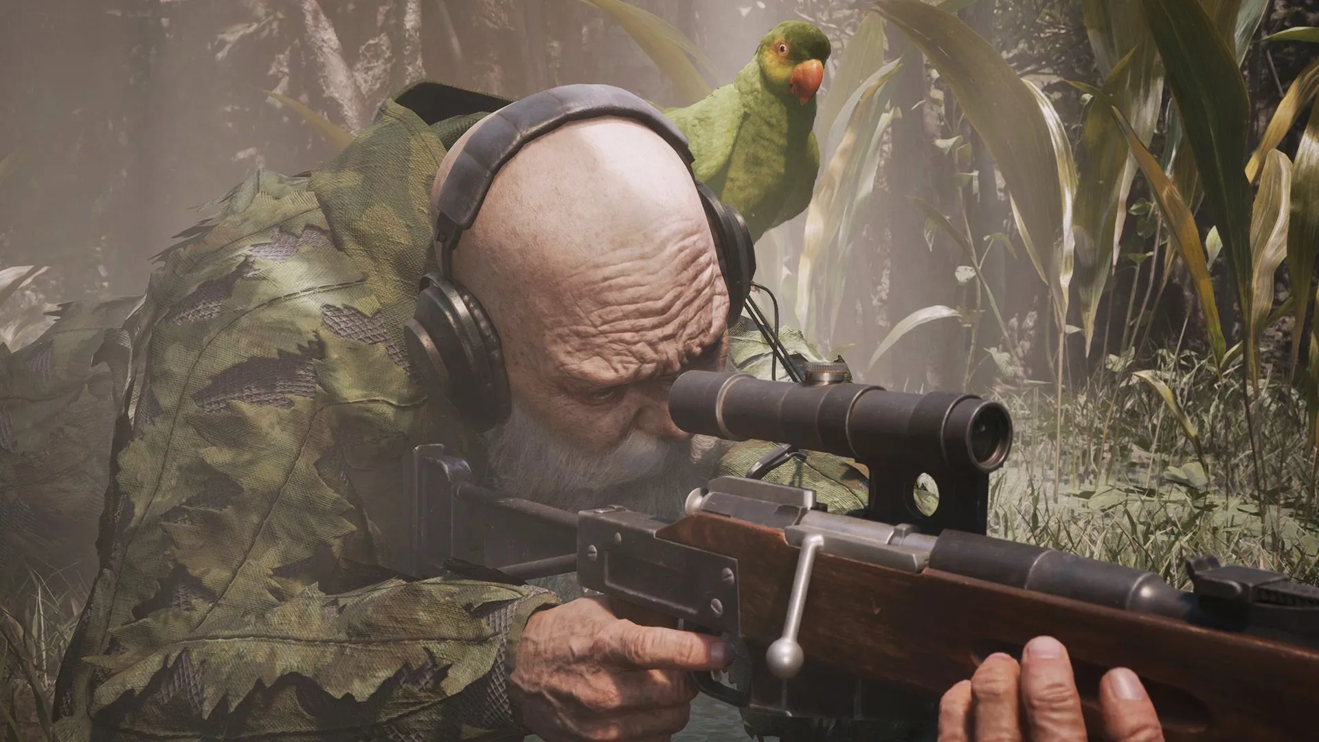 Naked Snake lợi dụng môi trường rừng rậm để ẩn nấp, chuẩn bị tấn công bất ngờ The End trong trận chiến sống còn của Metal Gear Solid Delta.