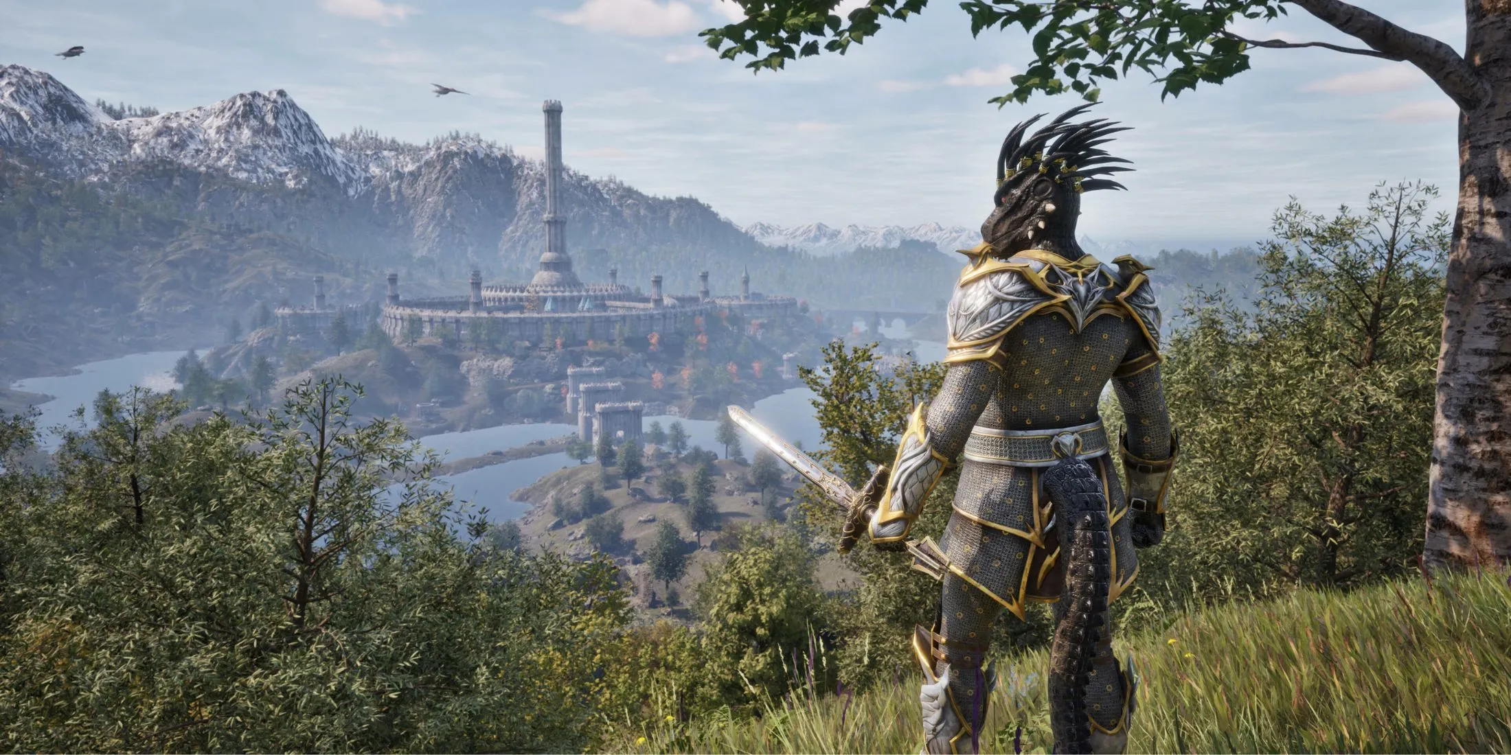 Người chơi đứng nhìn ra đường chân trời, bình minh trên Cyrodiil trong The Elder Scrolls IV: Oblivion Remastered