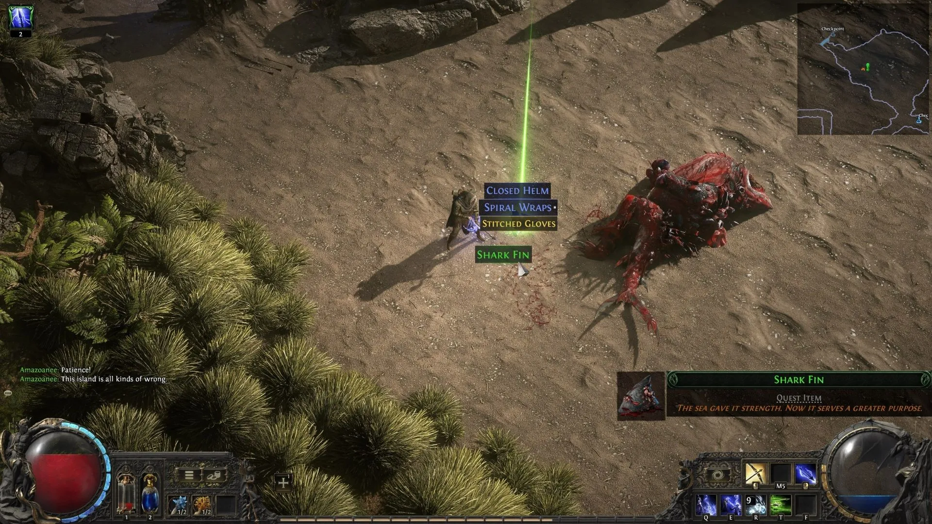 Người chơi nhặt Vây Cá Mập sau khi đánh bại &quot;Great White One&quot; trên Đảo Whakapanu trong Path of Exile 2.