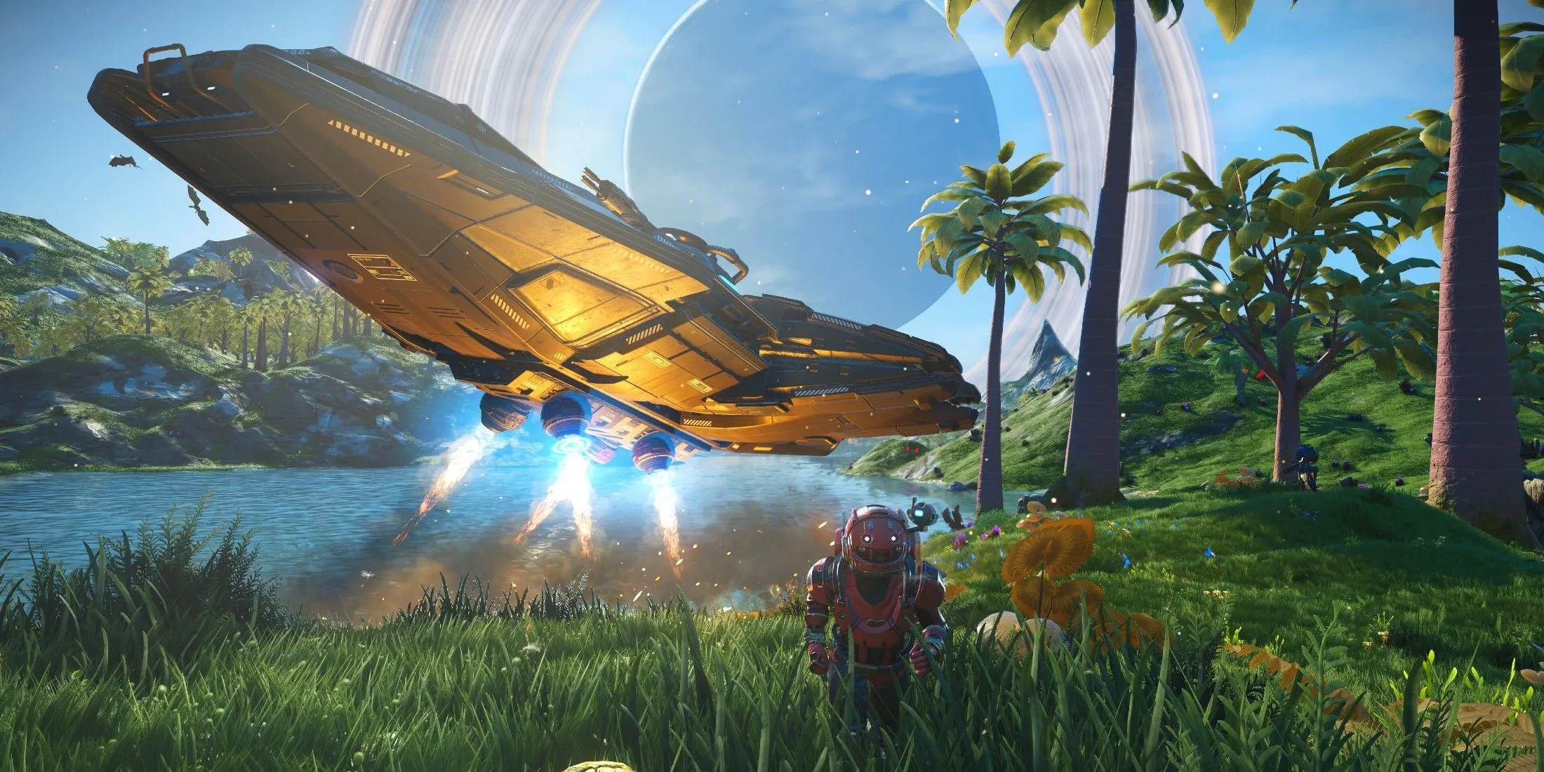 Phi thuyền của người chơi No Man's Sky đậu trên hành tinh xanh mướt, chuẩn bị khám phá