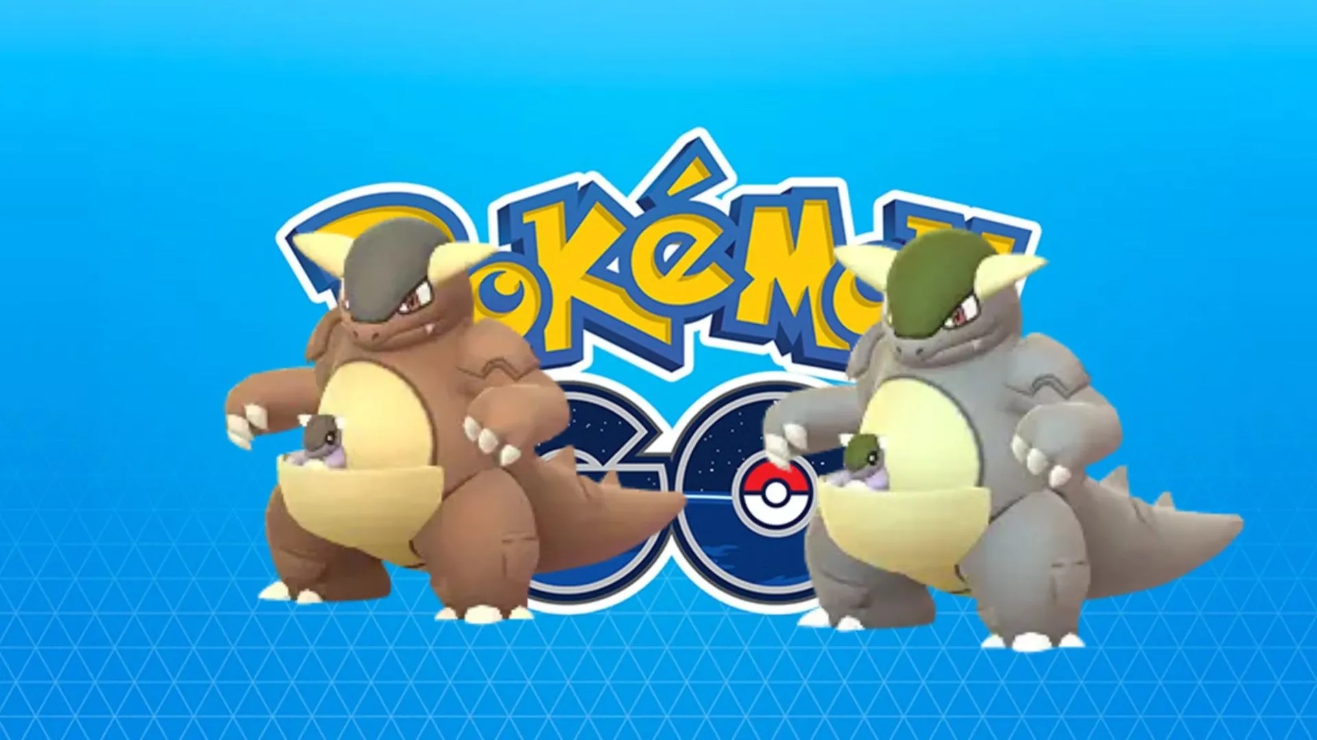 So sánh Kangaskhan thường (màu nâu gỗ) và Shiny Kangaskhan (màu xám nhạt với chi tiết xanh hải quân) trong Pokémon GO.