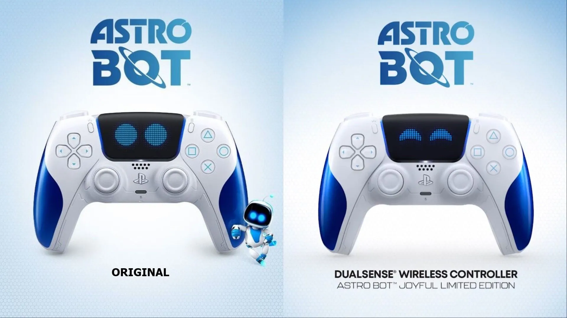 So sánh tay cầm DualSense Astro Bot bản thường và bản Joyful với biểu cảm mắt khác biệt